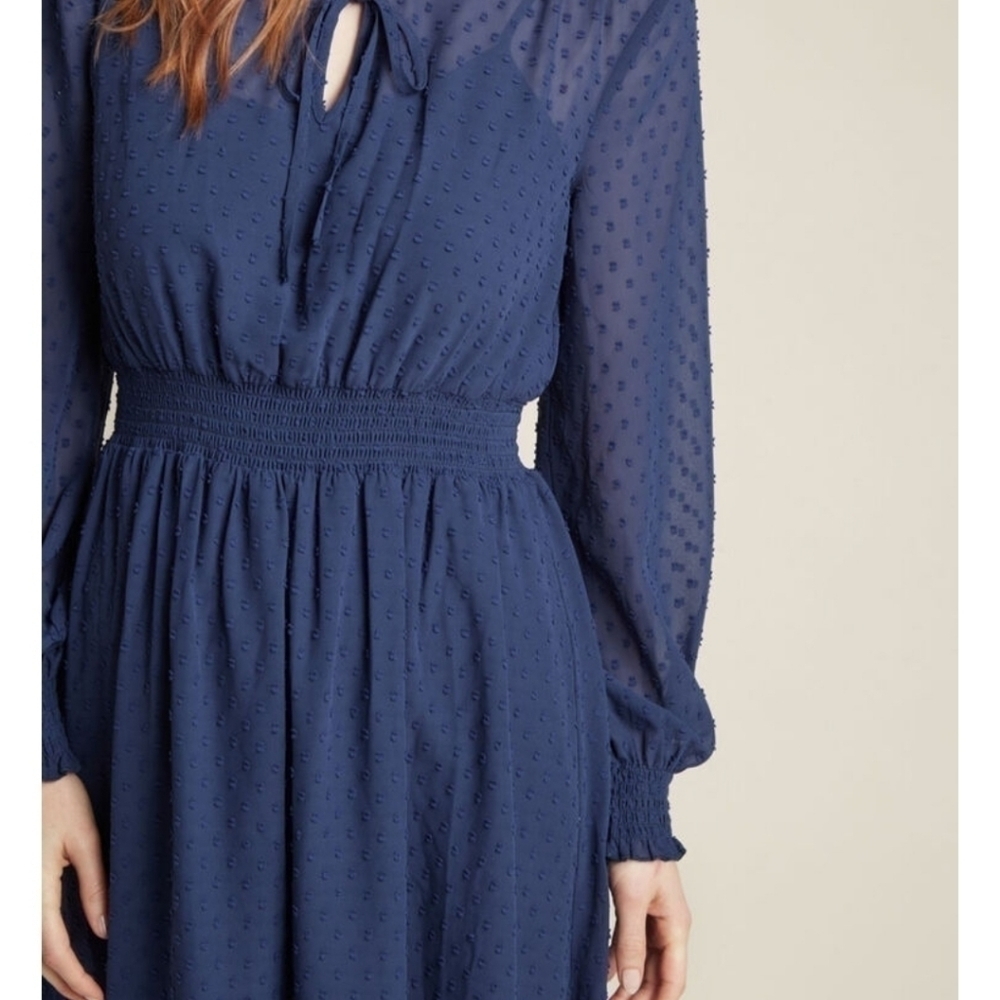 Modcloth blue clip dot long sleeve Midi dress Boho Bohemian Romantic  Flirty - Picture 5 of 8